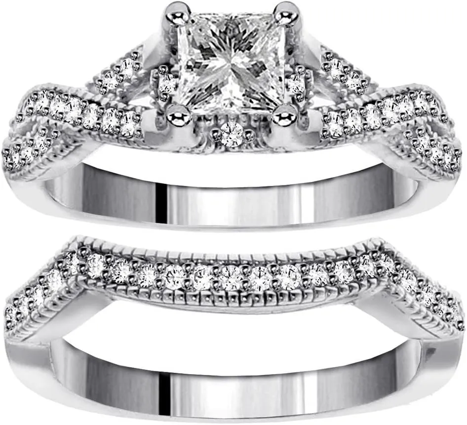 1.00 CT TW GIA Certified Princess Cut Diamond Encrusted Braided Engagement Bridal Set in Platinum