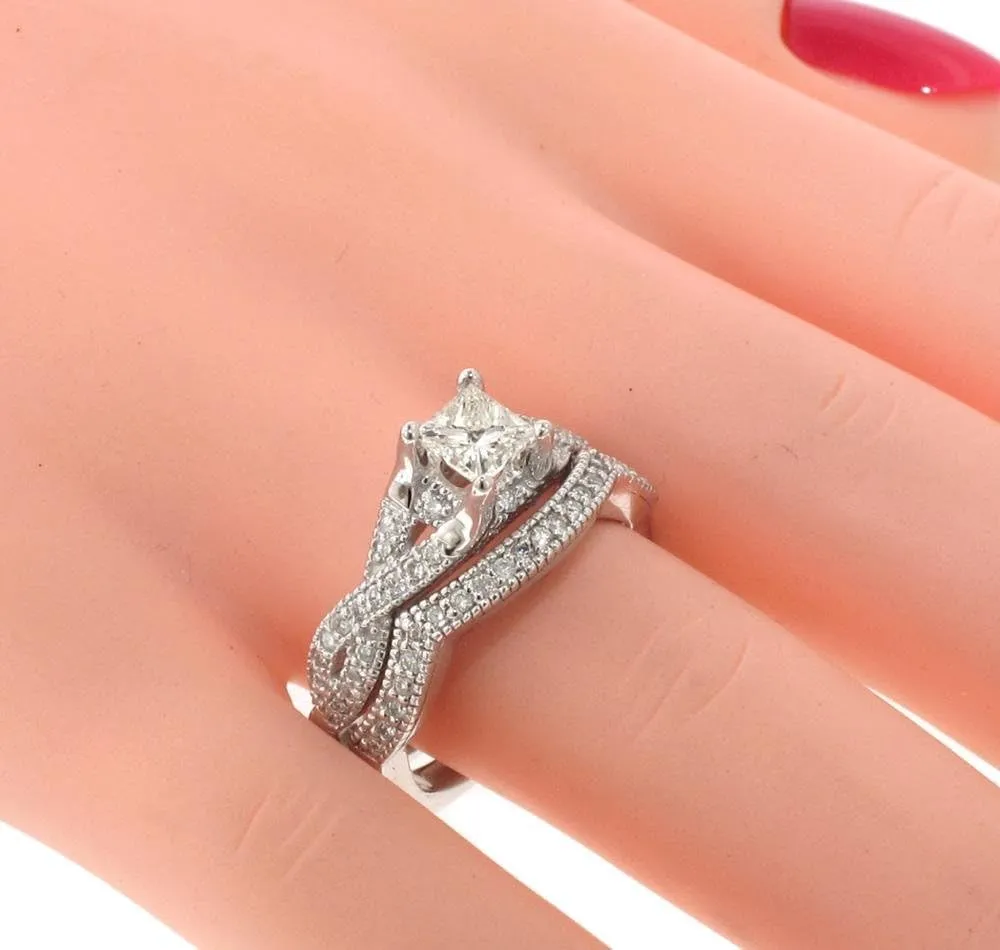 1.00 CT TW GIA Certified Princess Cut Diamond Encrusted Braided Engagement Bridal Set in Platinum