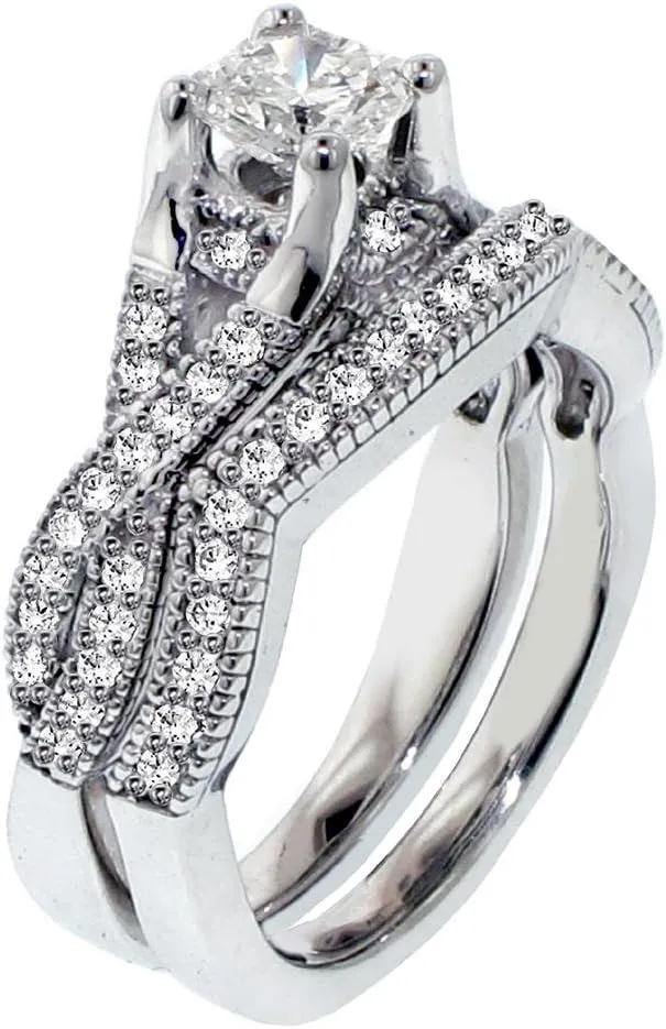 1.00 CT TW GIA Certified Princess Cut Diamond Encrusted Braided Engagement Bridal Set in Platinum