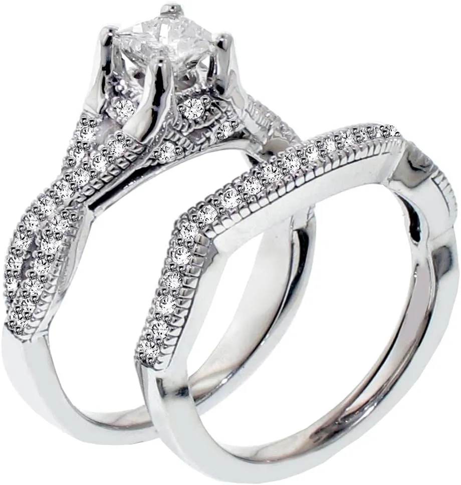 1.00 CT TW GIA Certified Princess Cut Diamond Encrusted Braided Engagement Bridal Set in Platinum