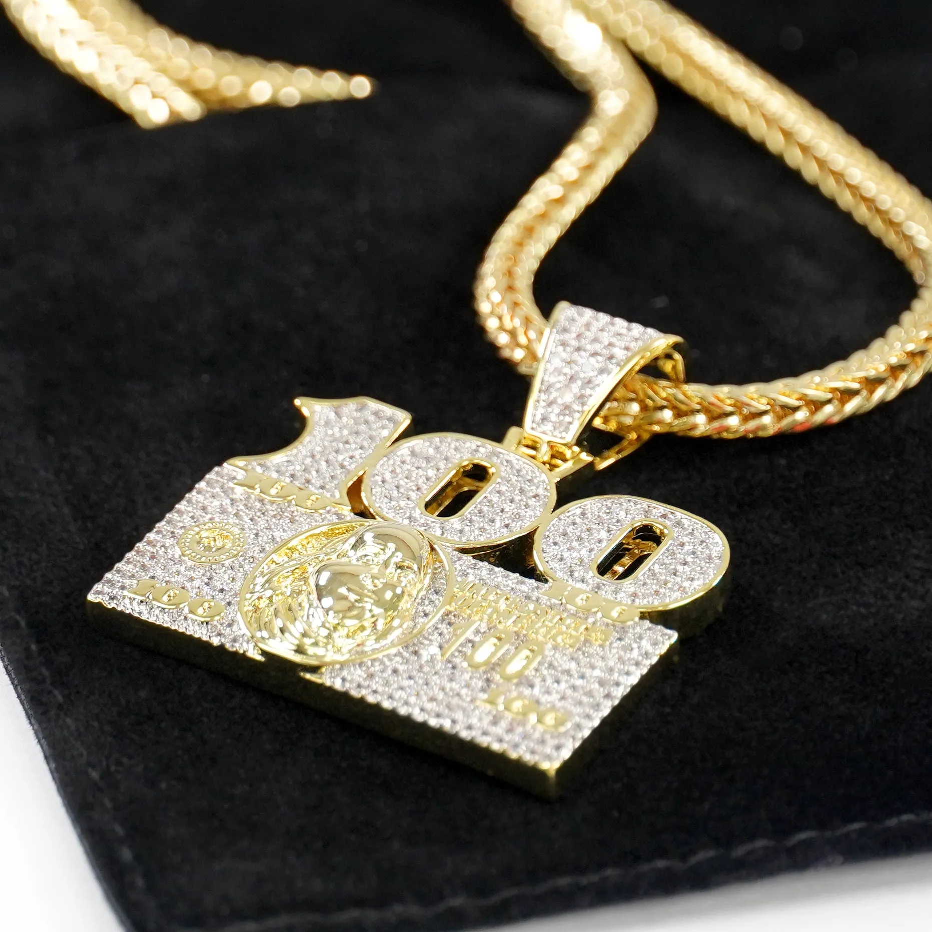 100 Money Benjamin 1½" Pendant with Chain Necklace - Gold Plated Stainless Steel