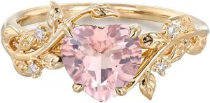 10K/14K/18K Solid Gold 1 Carat Heart Gemstone Vintage Engagement Ring for Women Nature Inspired Birthstone Leaf Vine Art Deco Wedding Promise Anniversary Rings for Her Wife Bridal Size 4~12