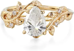 10K/14K/18K Solid Gold 1 Carat Pear Gemstone Vintage Engagement Ring for Women Nature Inspired Birthstone Leaf Vine Art Deco Wedding Promise Anniversary Rings for Her Wife Bridal Size 4~12