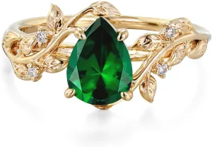 10K/14K/18K Solid Gold 1 Carat Pear Gemstone Vintage Engagement Ring for Women Nature Inspired Birthstone Leaf Vine Art Deco Wedding Promise Anniversary Rings for Her Wife Bridal Size 4~12