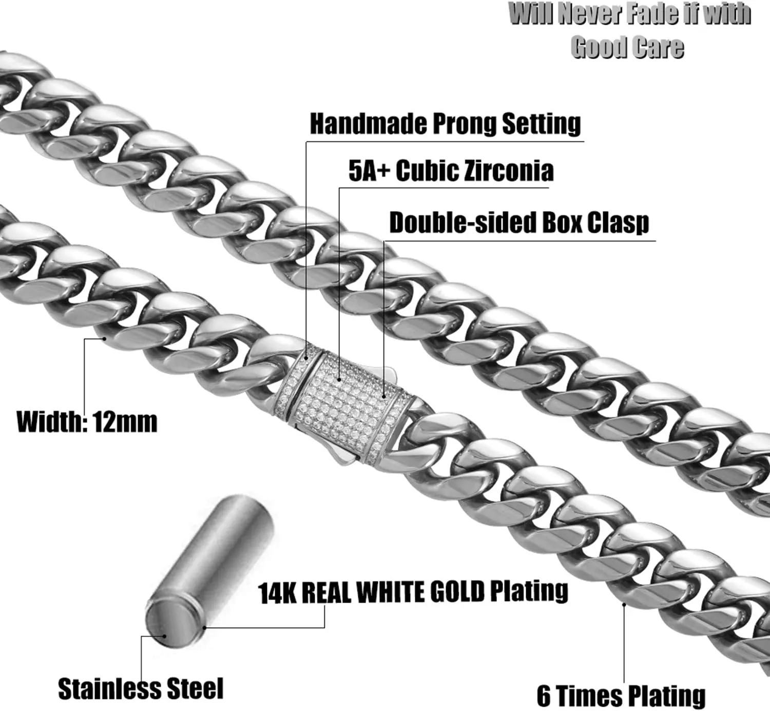 12mm Miami Cuban Link Bracelet 14K REAL Gold Plated Hypoallergenic Premium Stainless Steel Hip Hop Jewelry For Men Women Father Day Birthday Gift (No Color Fade, Double-sided Iced Out Clasp)