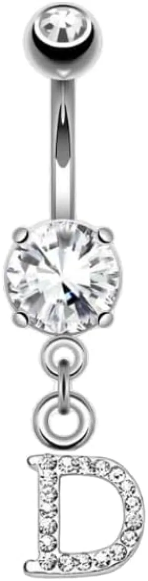 14G Sparkly Clear Gem-Paved Initial Dangle Belly Ring