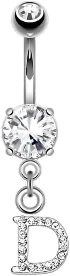 14G Sparkly Clear Gem-Paved Initial Dangle Belly Ring