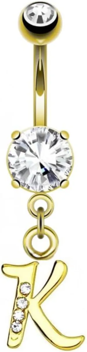 14G Sparkly Clear Gem-Paved Initial Dangle Belly Ring