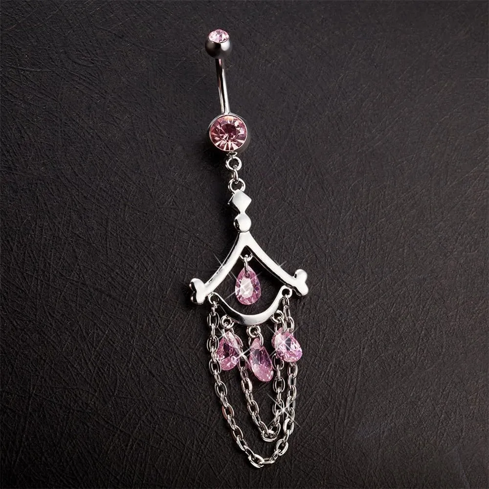14G Vintage Chandelier Dangle Belly Button Rings for Women Stainless Steel CZ Teardrop Tassel Navel Ring 3/8" 10mm Curved Barbell Dainty Body Piercing Jewelry