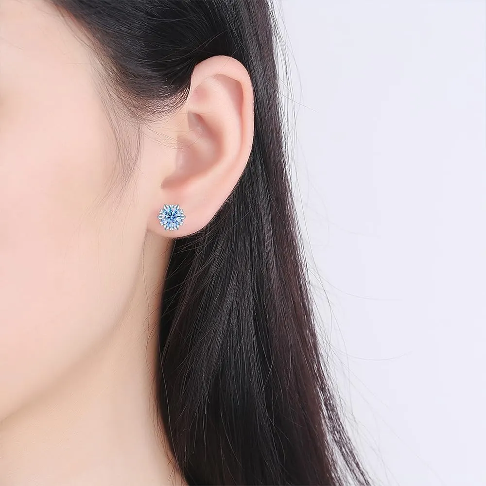 14K Gold Heart Snowflake Stud Earrings with 0.5/1ct D-Color VVS1 Round Cut Blue Diamond, Birthday Gifts for Women