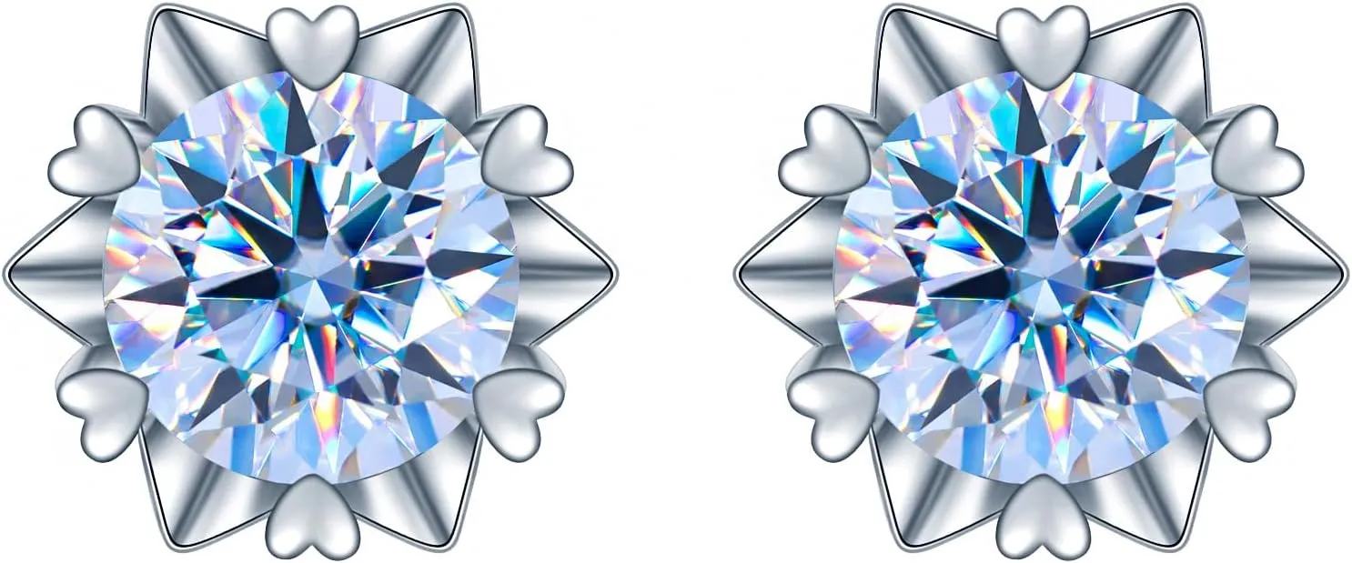 14K Gold Heart Snowflake Stud Earrings with 0.5/1ct D-Color VVS1 Round Cut Blue Diamond, Birthday Gifts for Women