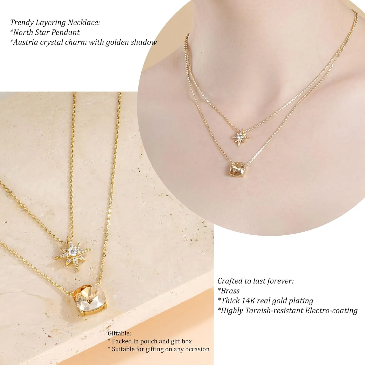 14K Gold Plated Layering Necklaces for Woman Created Opal CZ Crystal Charm Adjustable Layered Necklace with Extention Chain Hypoallergenic Trendy Fashion Jewelry