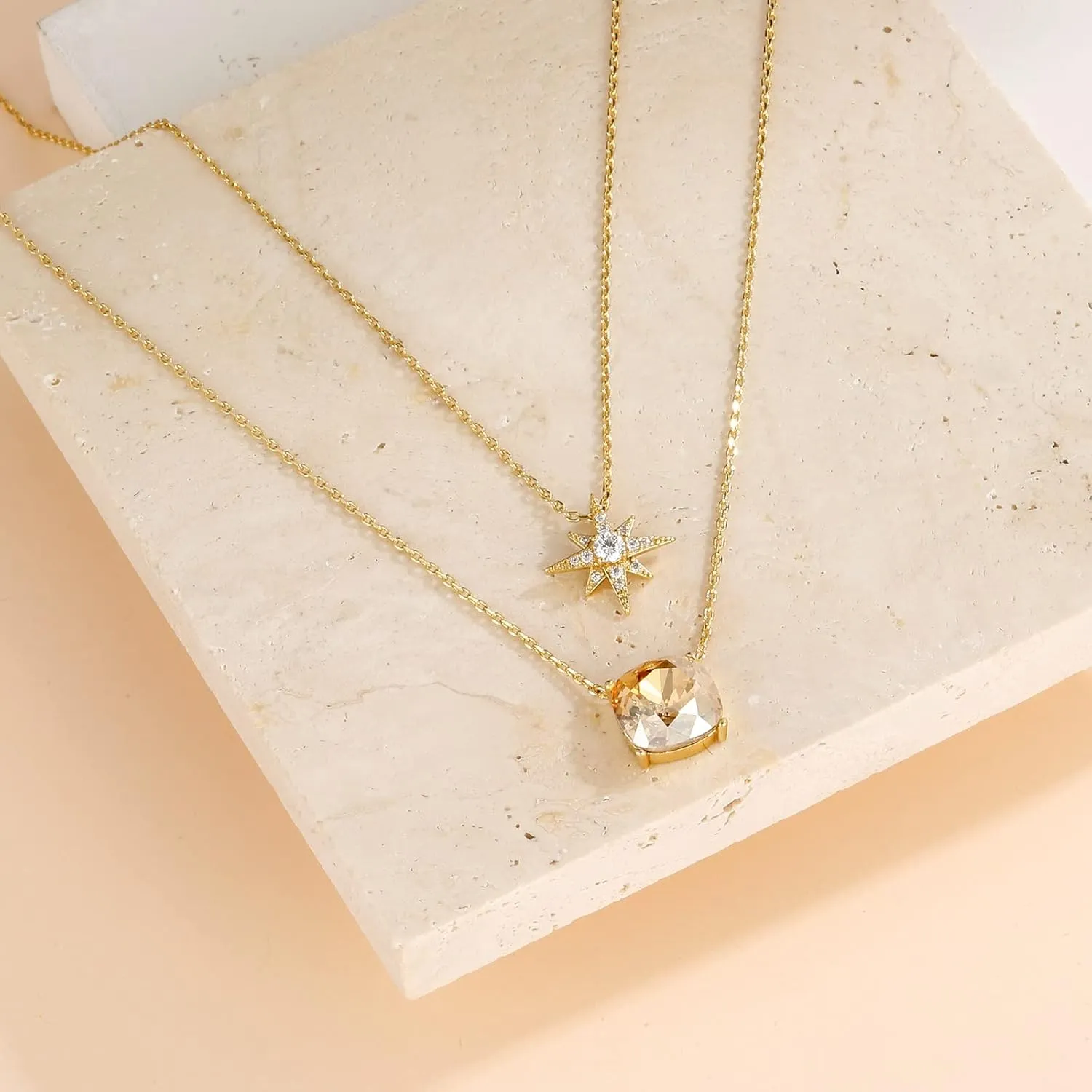 14K Gold Plated Layering Necklaces for Woman Created Opal CZ Crystal Charm Adjustable Layered Necklace with Extention Chain Hypoallergenic Trendy Fashion Jewelry