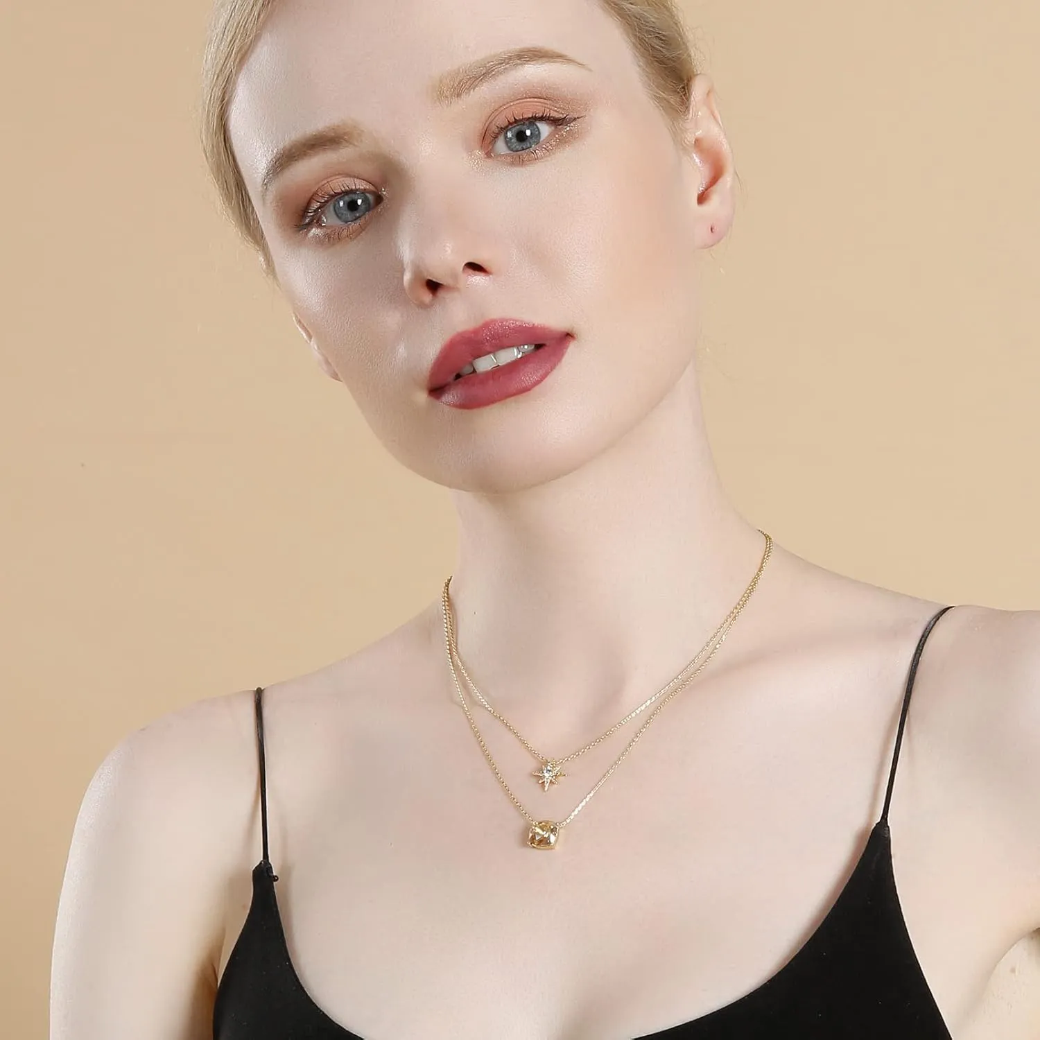 14K Gold Plated Layering Necklaces for Woman Created Opal CZ Crystal Charm Adjustable Layered Necklace with Extention Chain Hypoallergenic Trendy Fashion Jewelry