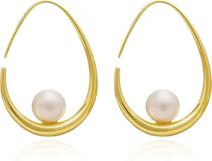 14K Gold Plated Lightweight Pearl Earrings Large Oval Pull Through Hoop Earrings Trendy Jewelry Teardrop Hoop Earrings for Women Pearl Drop Earrings Elegant Jewelry for Gifts