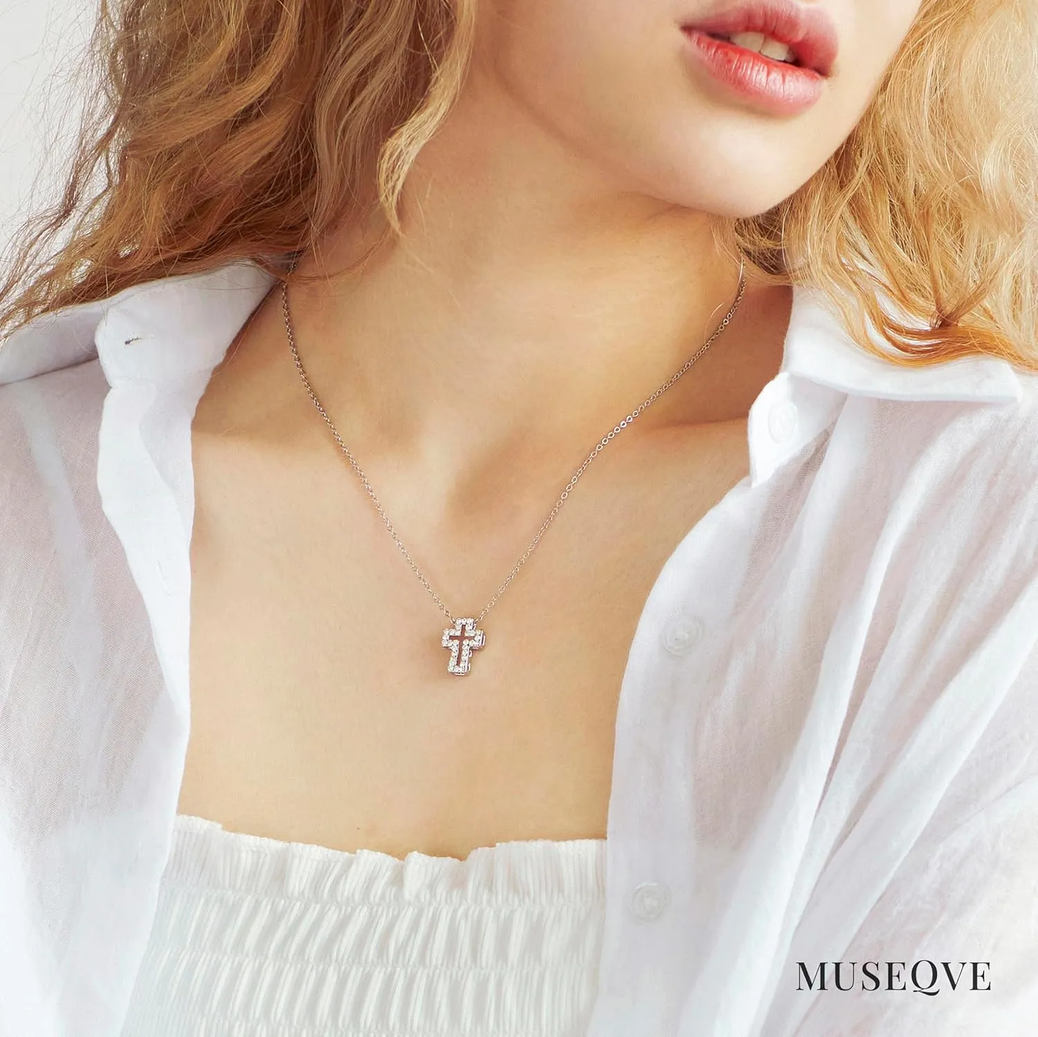 14K Gold Plated Pave Cross Necklace for Women  Dainty CZ Floating Open Cross Pendant Christian Jewelry  Non Tarnish Adjustable Chain Necklaces 19 Inch [CXN-OL]