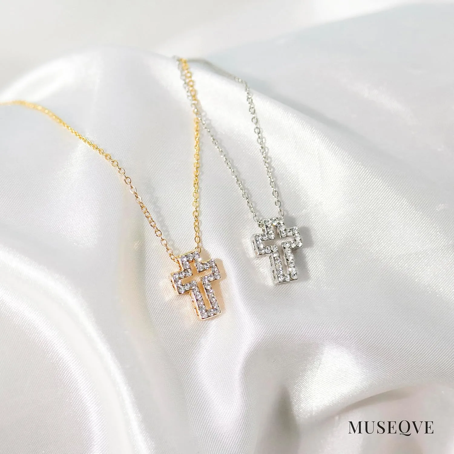 14K Gold Plated Pave Cross Necklace for Women  Dainty CZ Floating Open Cross Pendant Christian Jewelry  Non Tarnish Adjustable Chain Necklaces 19 Inch [CXN-OL]