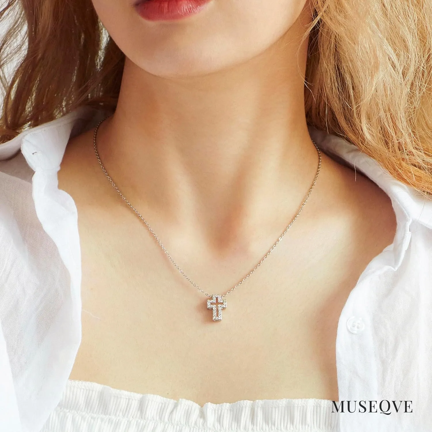 14K Gold Plated Pave Cross Necklace for Women  Dainty CZ Floating Open Cross Pendant Christian Jewelry  Non Tarnish Adjustable Chain Necklaces 19 Inch [CXN-OL]