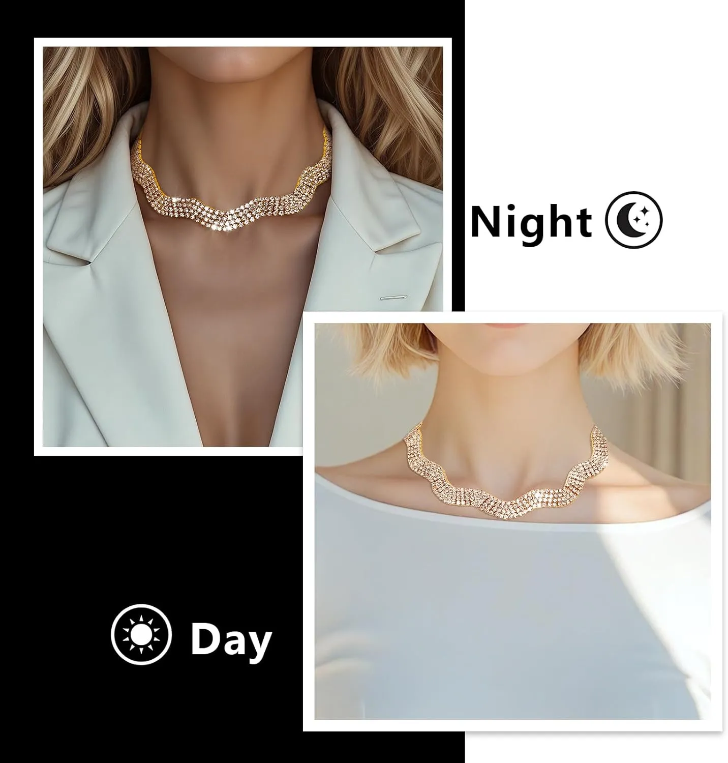 14K Gold Plated Rhinestone Choker Necklace, Sparkly Wave-shaped Diamond Necklace Dainty Crystal Choker Necklace for Women