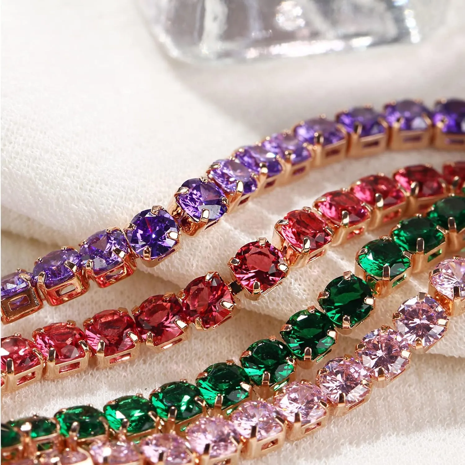 14K Gold Plated Tennis Bracelets Colorful Sparkling Cuban Zirconia Adjustable Ice Out Link Chain Slider Bangle Jewelry Dainty Bracelet for Women