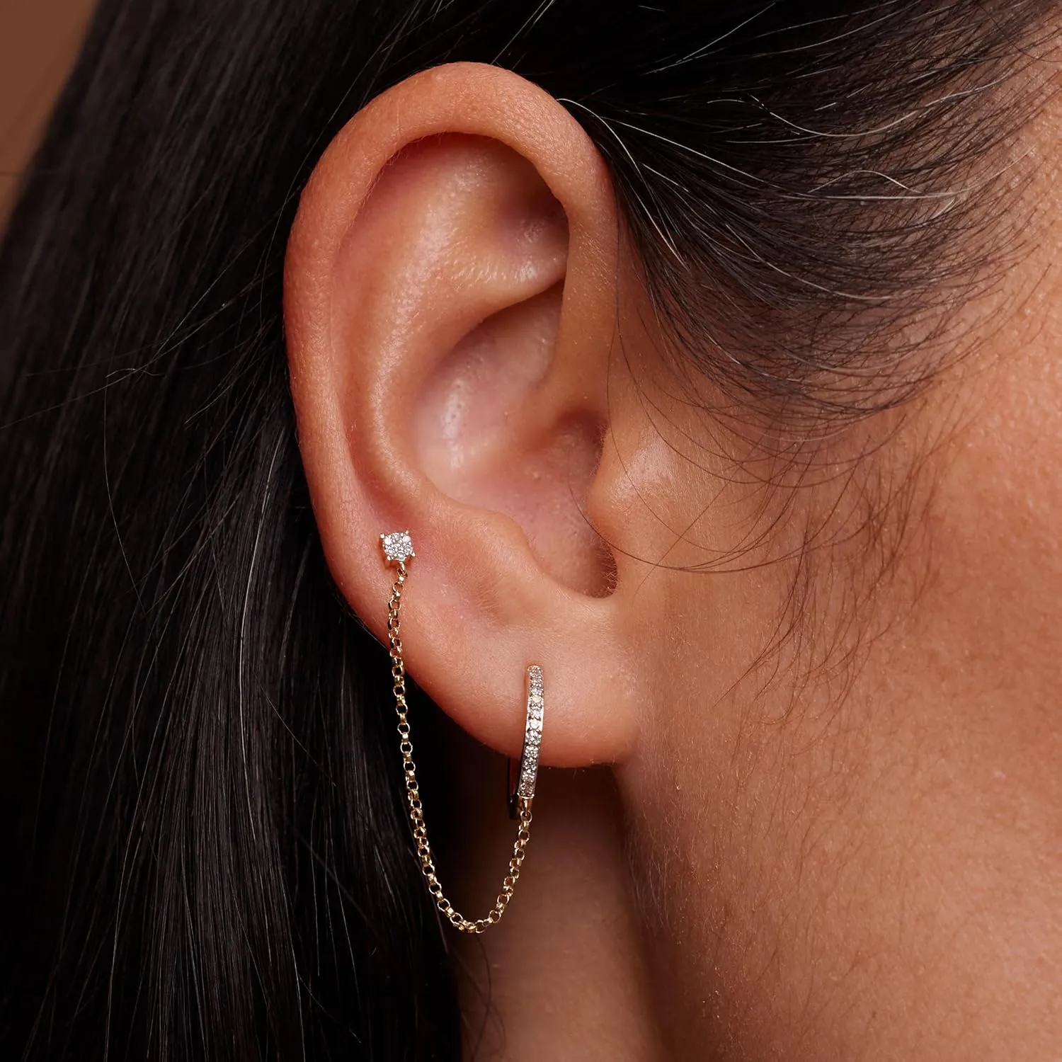 14k Real Solid Gold Diamond Hoop With Stud Chain Earring - Upper Earlobe Cartilage Helix Tragus Ear Post Stud Earrings for Women - Real Diamond Minimalist Style - Sold as Single