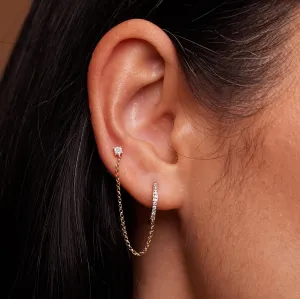 14k Real Solid Gold Diamond Hoop With Stud Chain Earring - Upper Earlobe Cartilage Helix Tragus Ear Post Stud Earrings for Women - Real Diamond Minimalist Style - Sold as Single