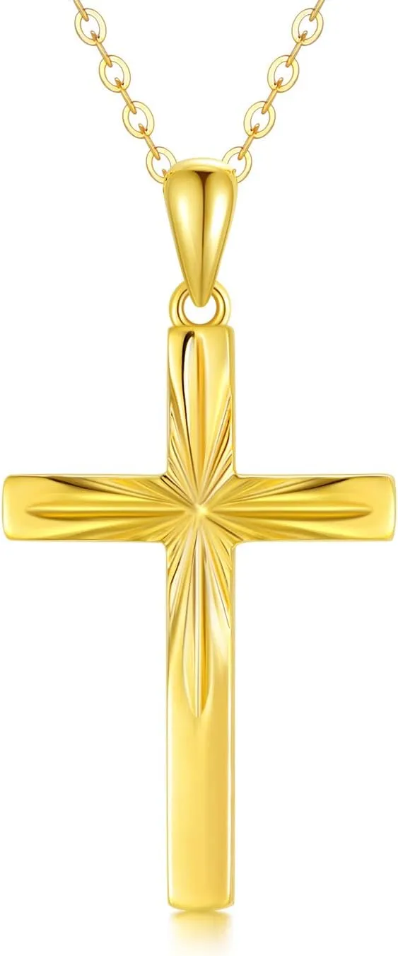 14K Solid Gold Cross Necklace for Women, Delicate Gold Italian Diamond-cut Cross Pendant Necklace Religious Jewelry for Her, Wife, Mom, 16"-18"