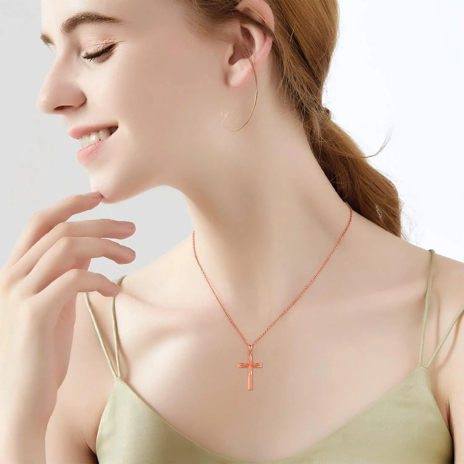 14K Solid Gold Cross Necklace for Women, Delicate Gold Italian Diamond-cut Cross Pendant Necklace Religious Jewelry for Her, Wife, Mom, 16"-18"