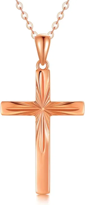 14K Solid Gold Cross Necklace for Women, Delicate Gold Italian Diamond-cut Cross Pendant Necklace Religious Jewelry for Her, Wife, Mom, 16"-18"