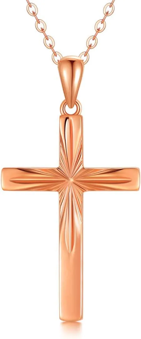 14K Solid Gold Cross Necklace for Women, Delicate Gold Italian Diamond-cut Cross Pendant Necklace Religious Jewelry for Her, Wife, Mom, 16"-18"