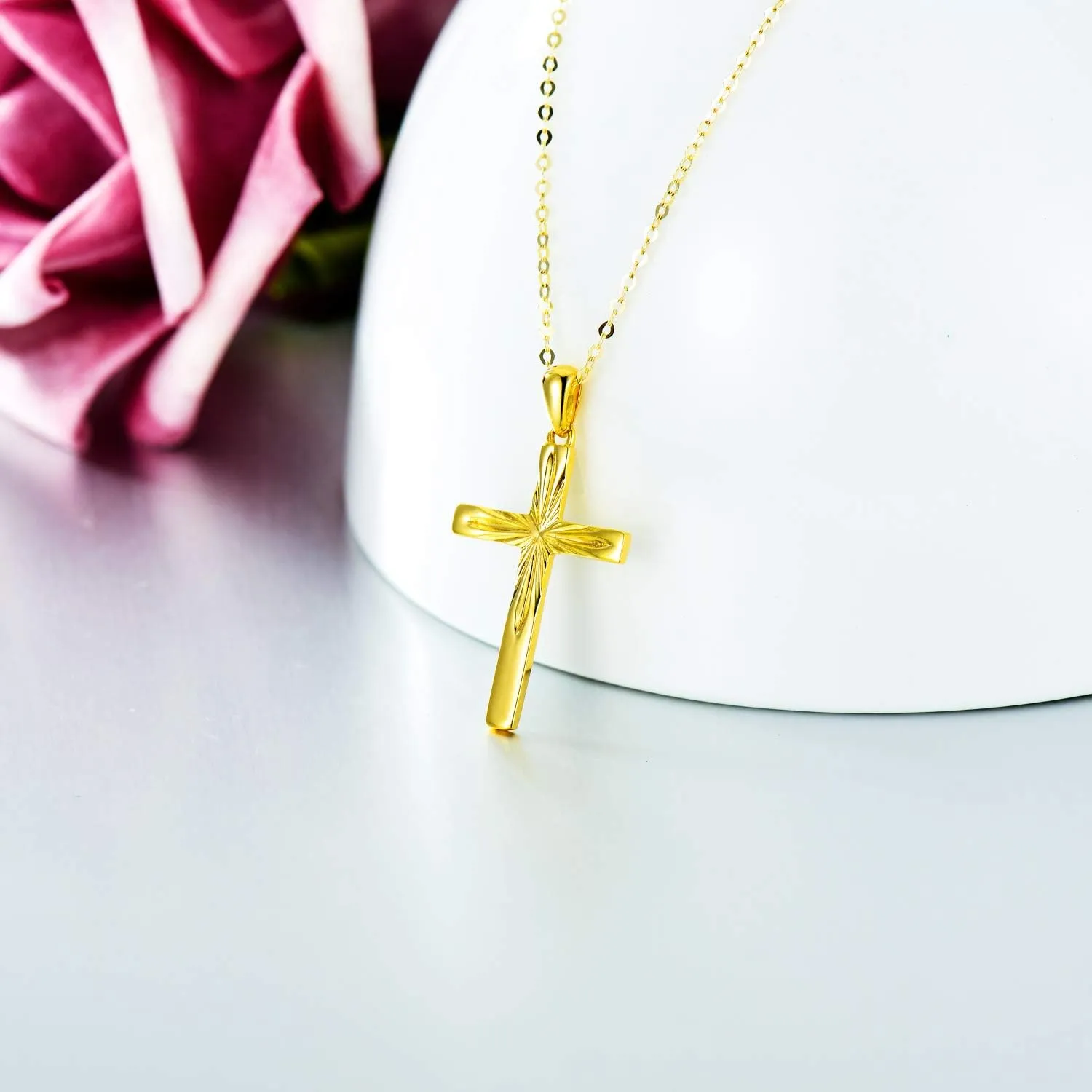 14K Solid Gold Cross Necklace for Women, Delicate Gold Italian Diamond-cut Cross Pendant Necklace Religious Jewelry for Her, Wife, Mom, 16"-18"
