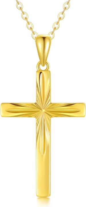 14K Solid Gold Cross Necklace for Women, Delicate Gold Italian Diamond-cut Cross Pendant Necklace Religious Jewelry for Her, Wife, Mom, 16"-18"