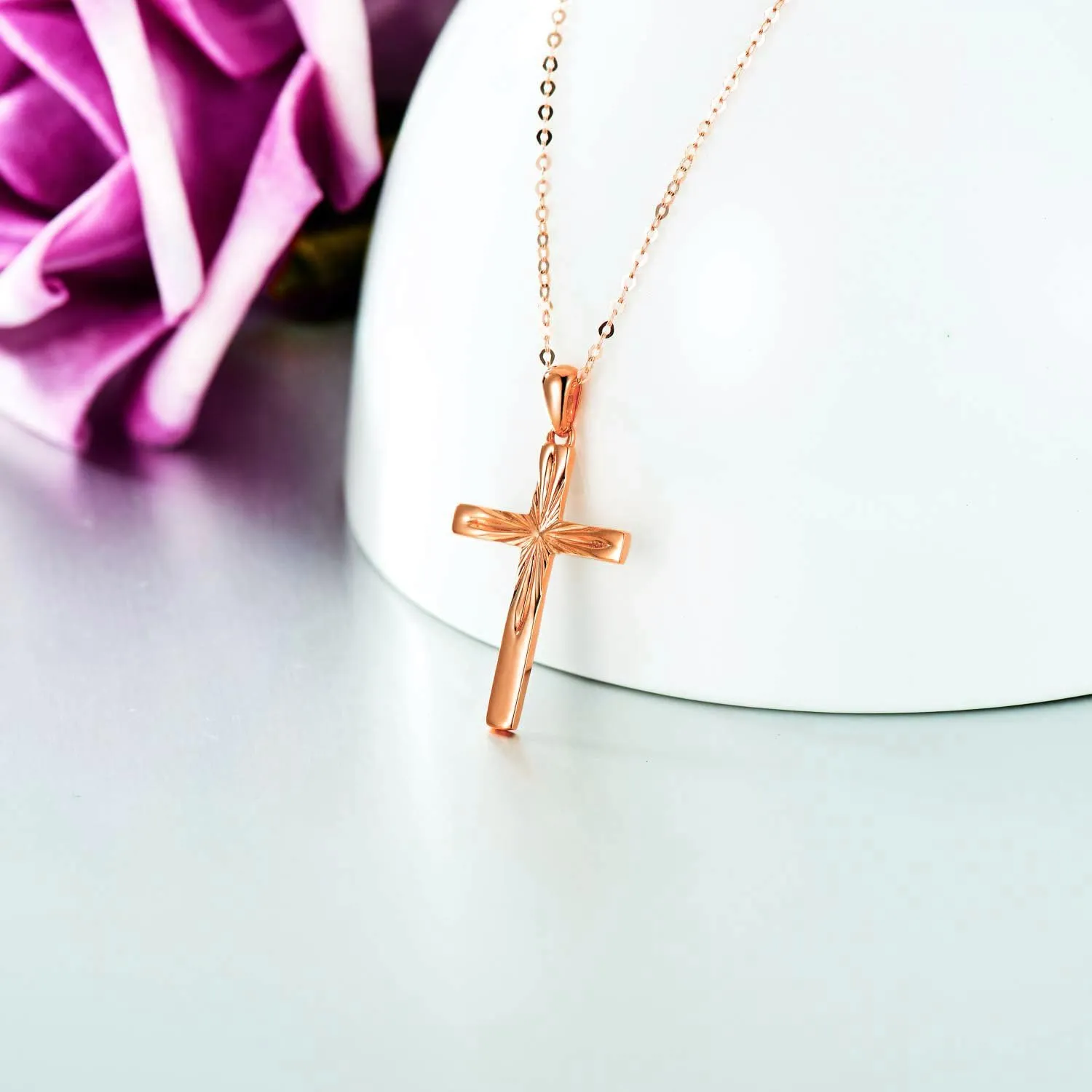 14K Solid Gold Cross Necklace for Women, Delicate Gold Italian Diamond-cut Cross Pendant Necklace Religious Jewelry for Her, Wife, Mom, 16"-18"