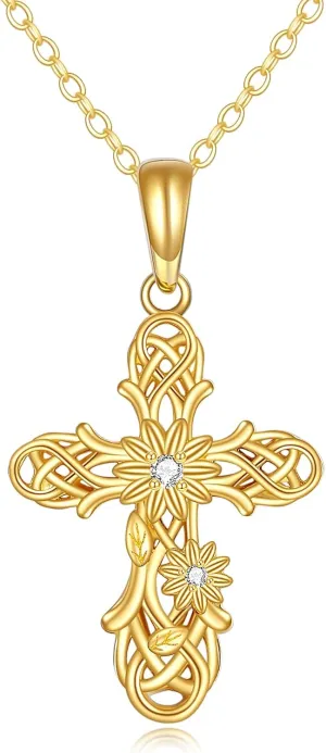 14K Solid Gold Cross Necklace for Women Delicate Gold Sunflower Cross Pendant Necklace Religious Jewelry Gifts for Wife Mom