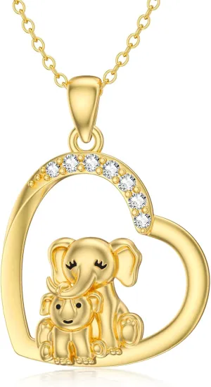 14K Solid Gold Elephant Mother Necklace for Women,14kt Real Gold Heart Elephant Pendant Necklaces Jewelry Gifts for Mom Wife Grandma Christmas Mother's Day Birthday