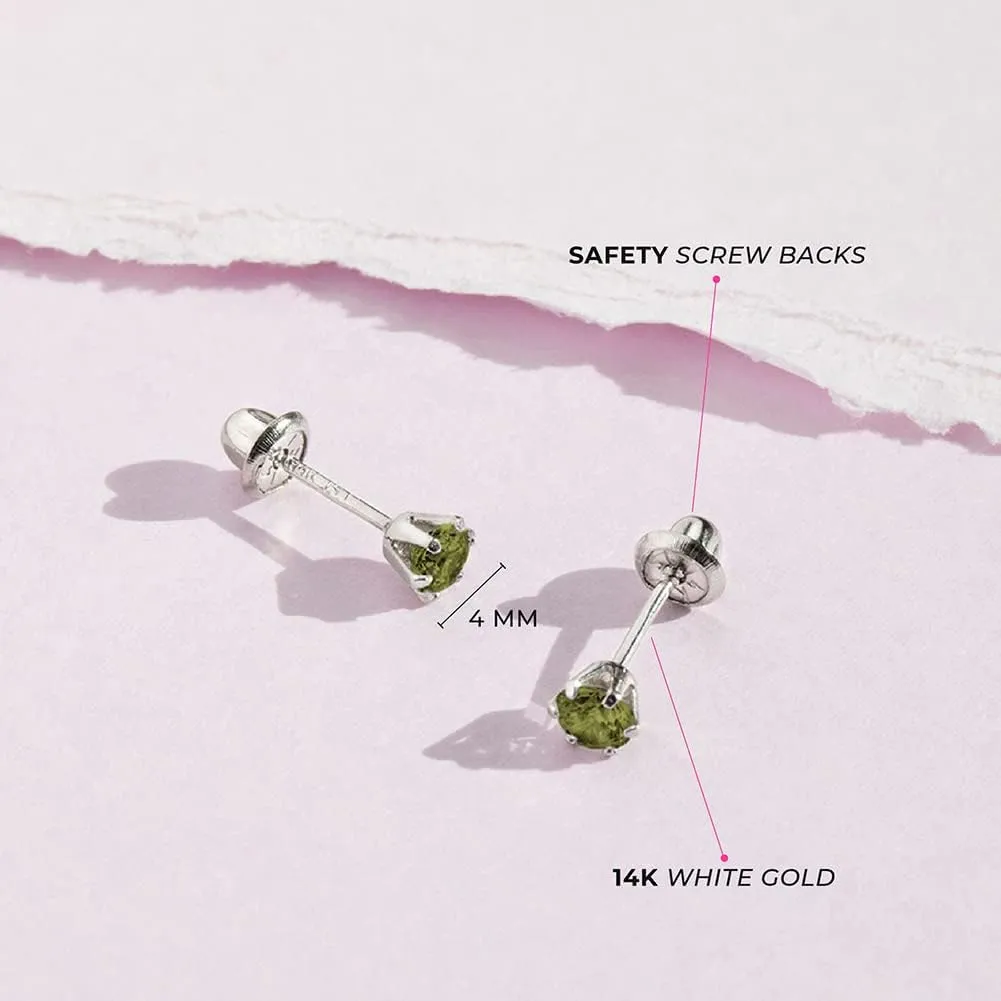 14k White Gold 4mm Baby Girl's Round Simulated Birthstone Prong Setting Screw Backs for Infants & Toddlers - Elegant Round Stud Cubic Zirconia Earrings For a Girls Birthday