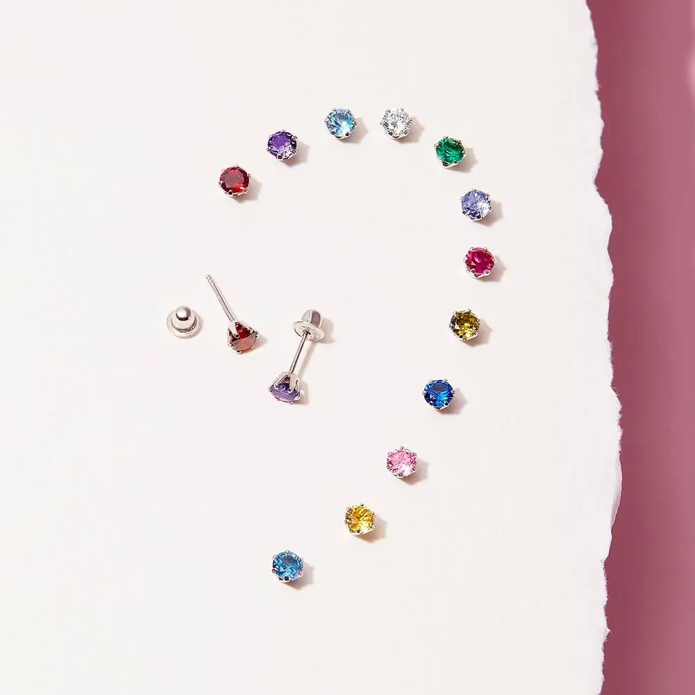 14k White Gold 4mm Baby Girl's Round Simulated Birthstone Prong Setting Screw Backs for Infants & Toddlers - Elegant Round Stud Cubic Zirconia Earrings For a Girls Birthday