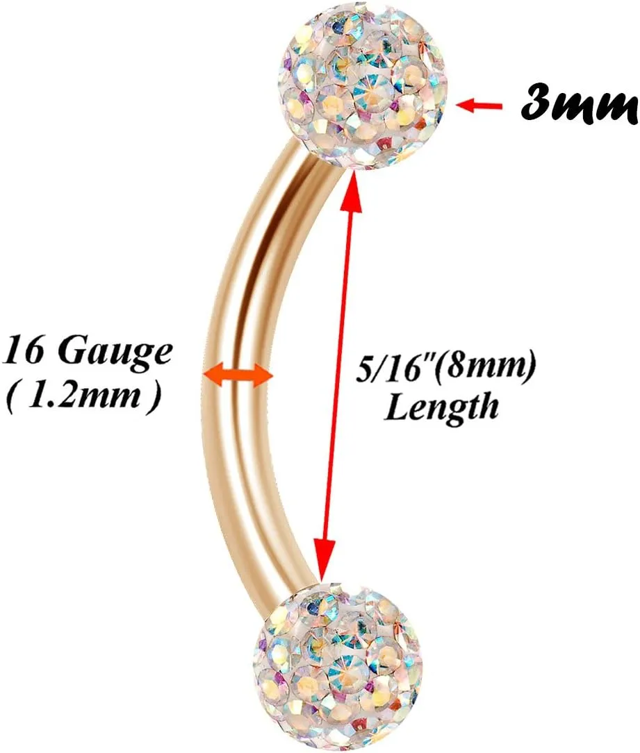 16g 5/16 8mm Curved Barbell Nose Helix Rook Rim Lobe Cartilage Eyebrow Snake Bite Tragus Ferido Crystal Balls CABB Pick Color