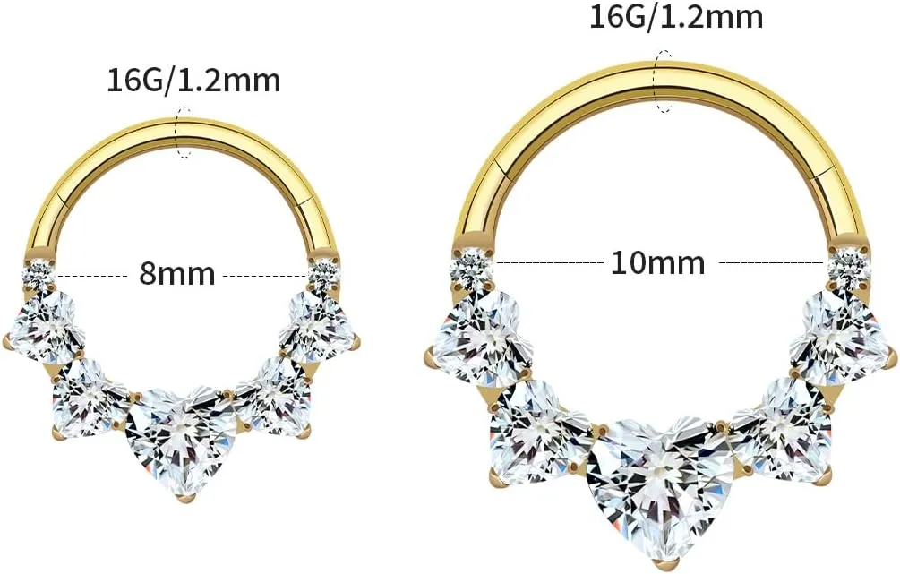 16G Titanium Heart Shape CZ Septum Rings Crystal Nose Ring Body Jewelry Daith Earrings Hinged Segment Helix Clicker Seamless Ring Hypoallergenic Jewelry for Her