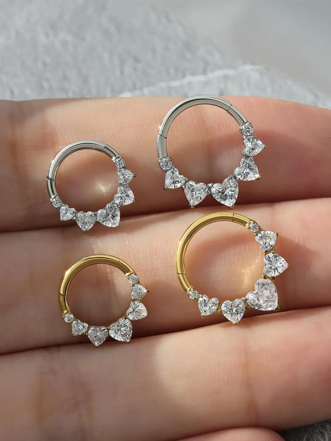 16G Titanium Heart Shape CZ Septum Rings Crystal Nose Ring Body Jewelry Daith Earrings Hinged Segment Helix Clicker Seamless Ring Hypoallergenic Jewelry for Her