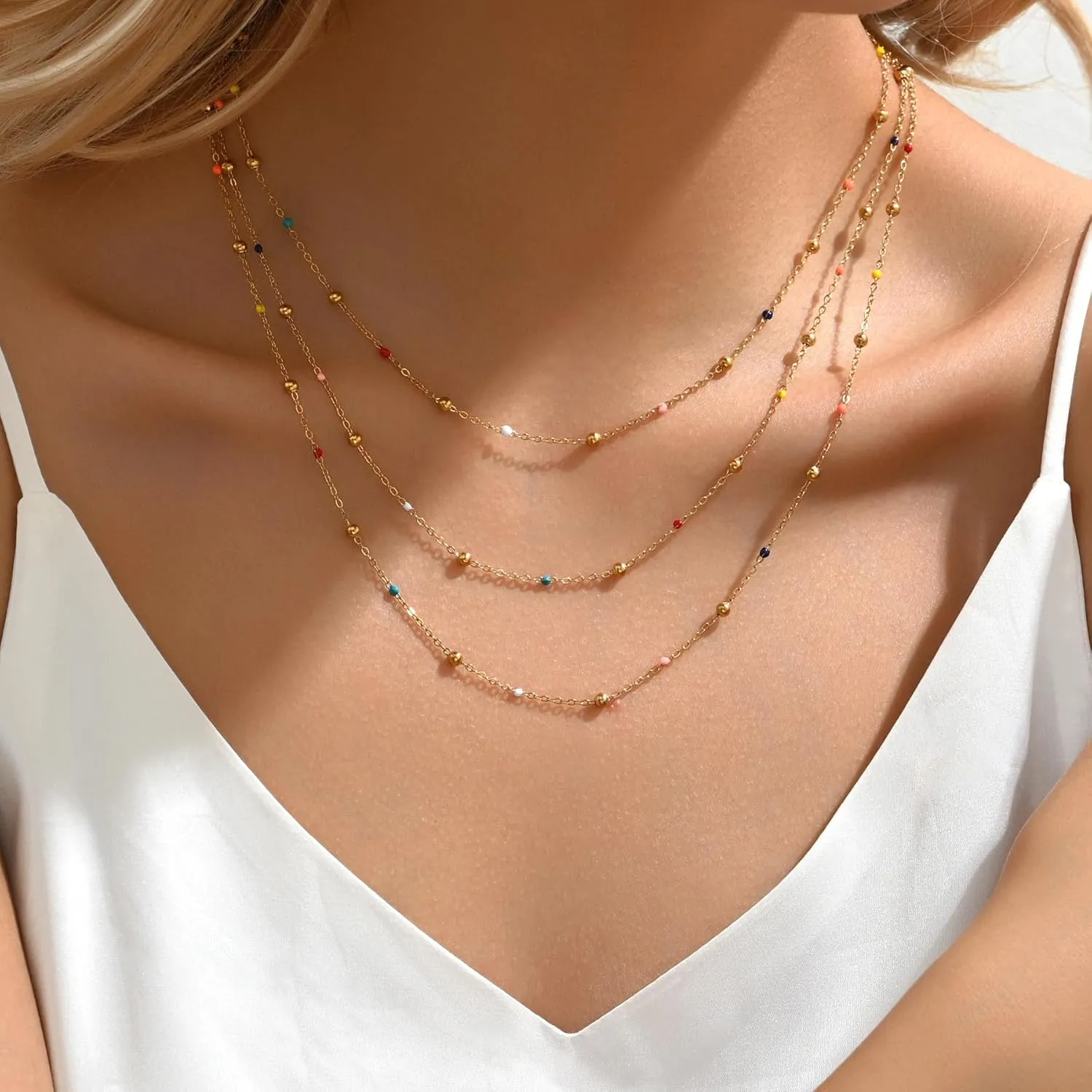 18K Gold Plated Layered Herringbone Necklaces for Women Dainty Layering Beaded Snake Chain Choker Moon Coin Pendant Necklace Trendy Stainless Steel Jewelry