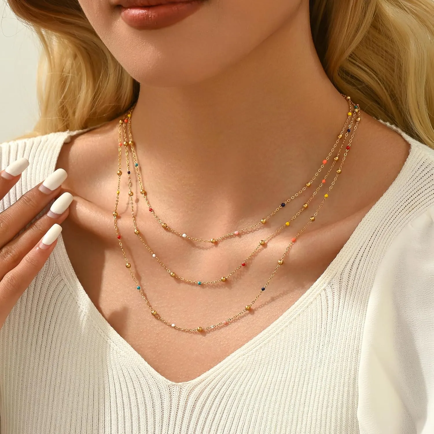 18K Gold Plated Layered Herringbone Necklaces for Women Dainty Layering Beaded Snake Chain Choker Moon Coin Pendant Necklace Trendy Stainless Steel Jewelry