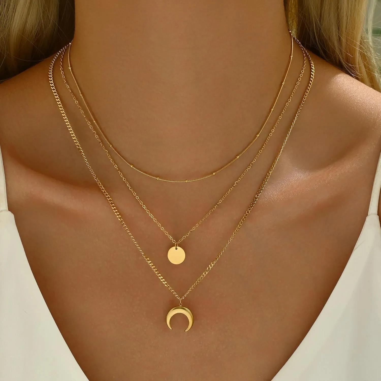 18K Gold Plated Layered Herringbone Necklaces for Women Dainty Layering Beaded Snake Chain Choker Moon Coin Pendant Necklace Trendy Stainless Steel Jewelry