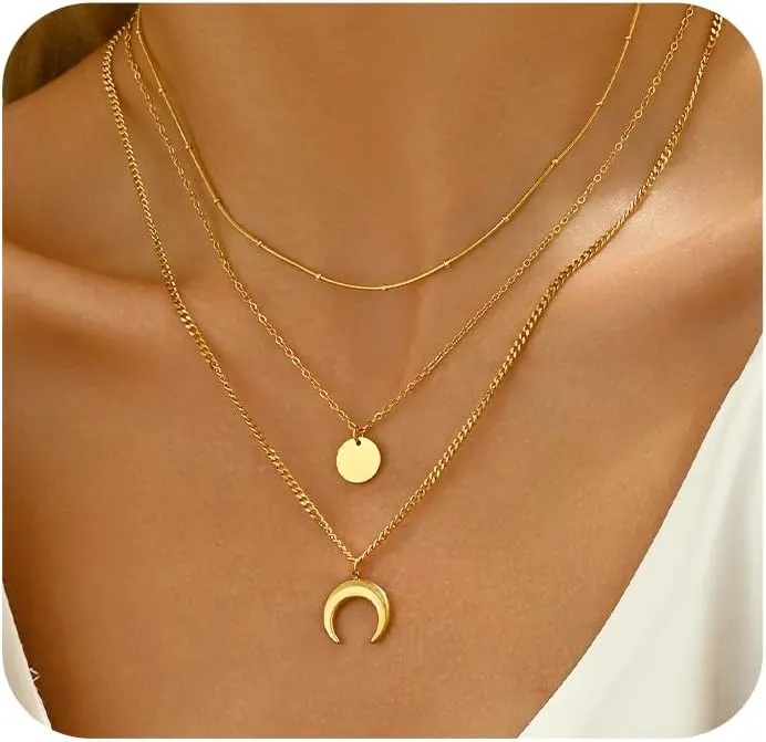 18K Gold Plated Layered Herringbone Necklaces for Women Dainty Layering Beaded Snake Chain Choker Moon Coin Pendant Necklace Trendy Stainless Steel Jewelry
