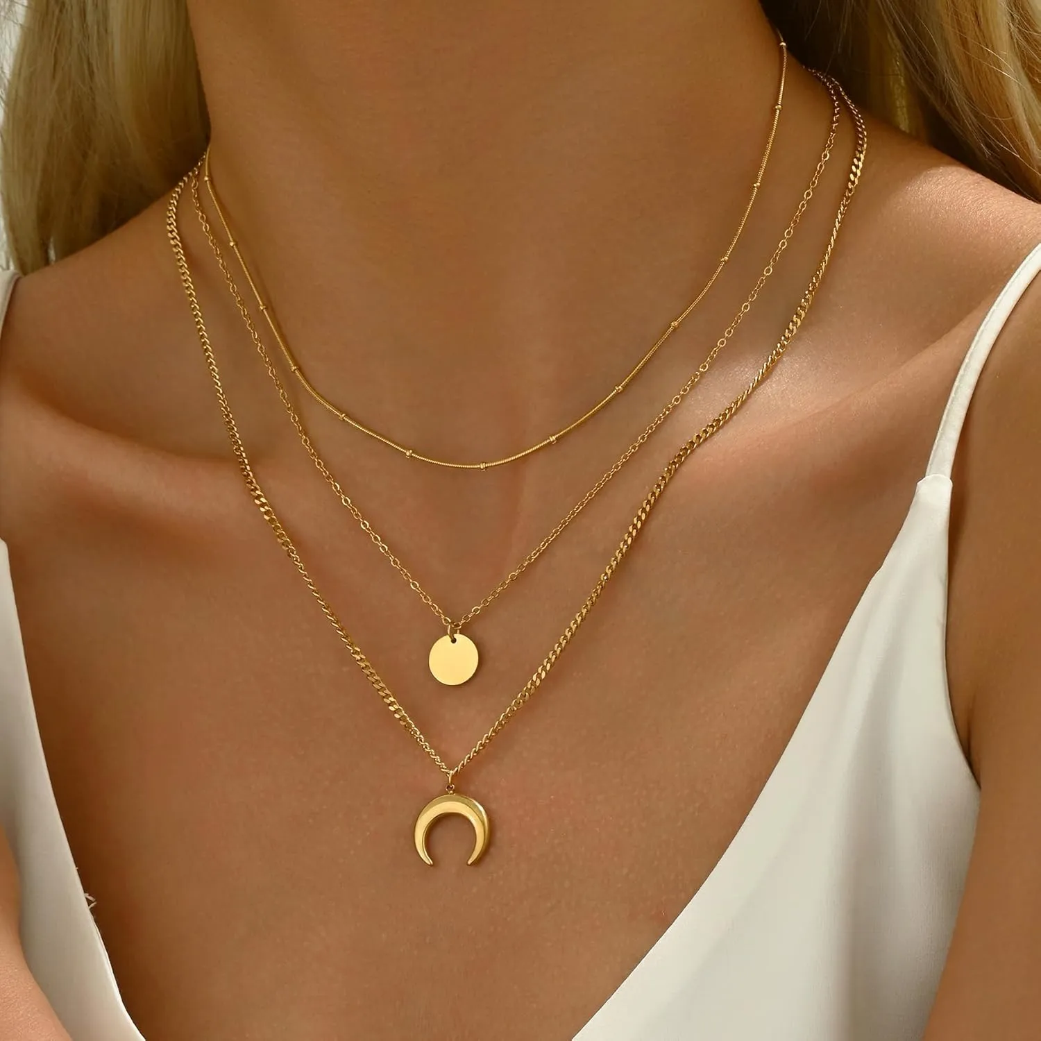 18K Gold Plated Layered Herringbone Necklaces for Women Dainty Layering Beaded Snake Chain Choker Moon Coin Pendant Necklace Trendy Stainless Steel Jewelry