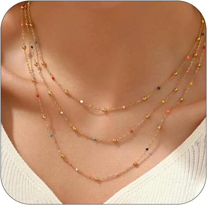 18K Gold Plated Layered Herringbone Necklaces for Women Dainty Layering Beaded Snake Chain Choker Moon Coin Pendant Necklace Trendy Stainless Steel Jewelry
