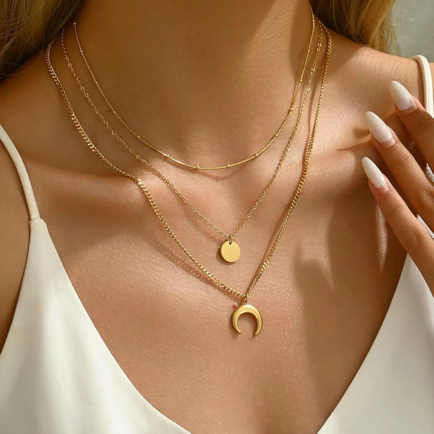 18K Gold Plated Layered Herringbone Necklaces for Women Dainty Layering Beaded Snake Chain Choker Moon Coin Pendant Necklace Trendy Stainless Steel Jewelry