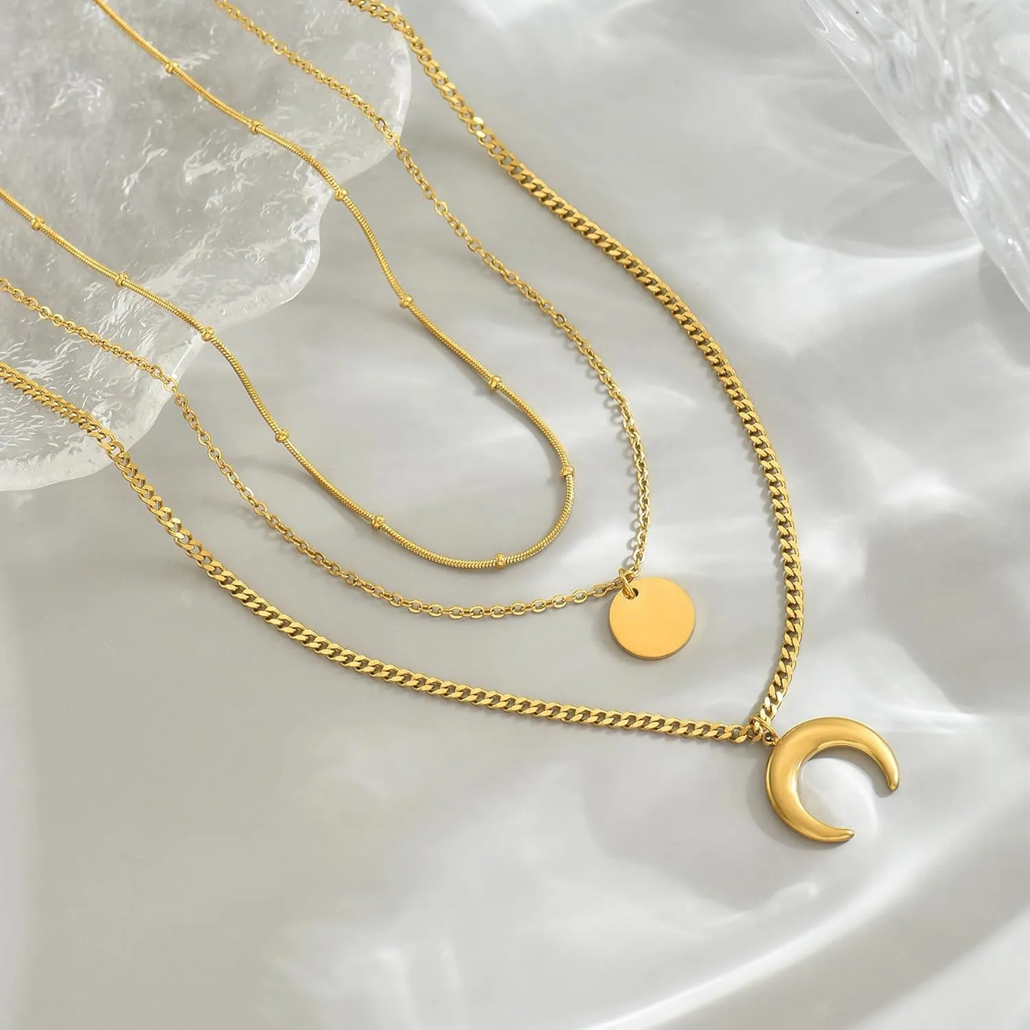 18K Gold Plated Layered Herringbone Necklaces for Women Dainty Layering Beaded Snake Chain Choker Moon Coin Pendant Necklace Trendy Stainless Steel Jewelry