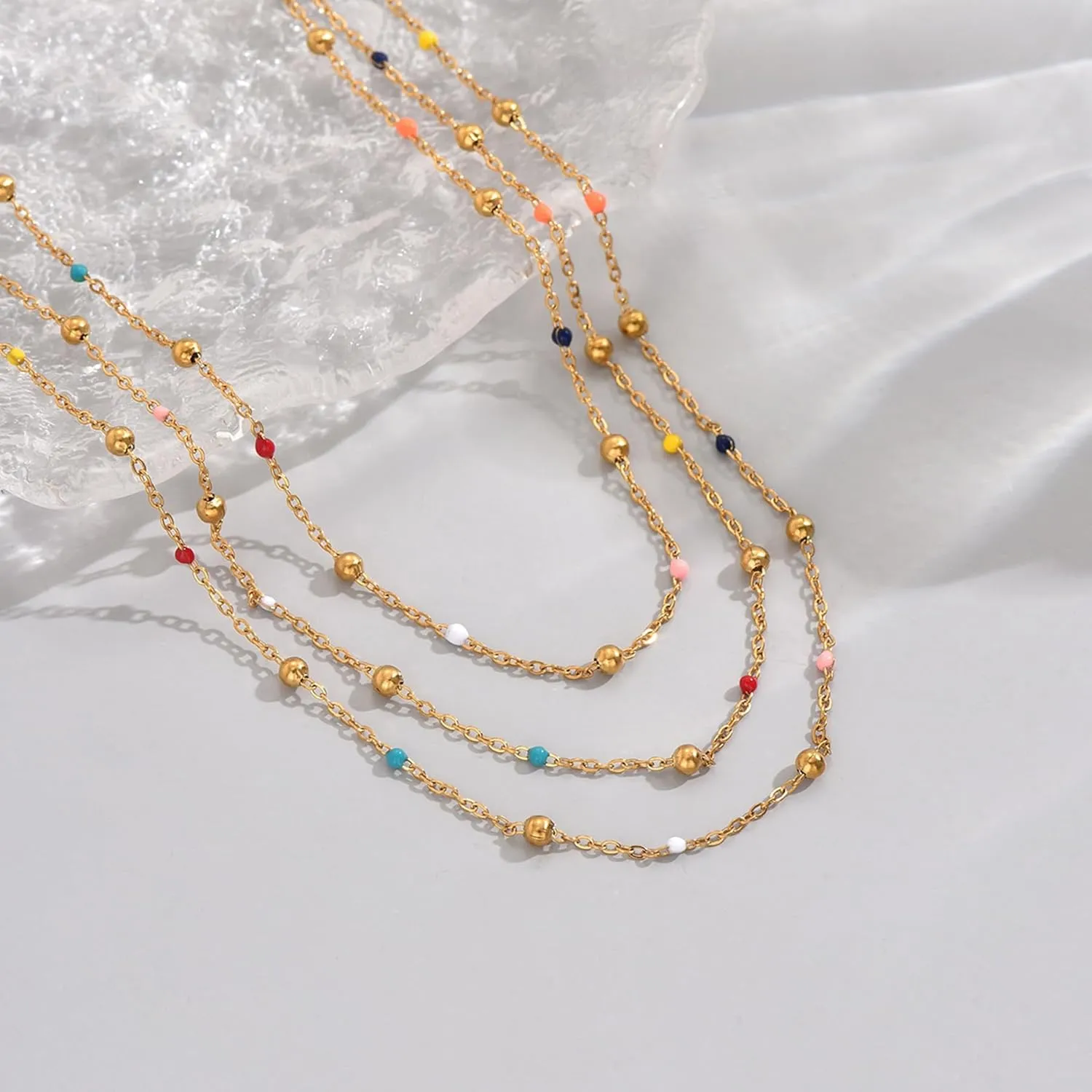 18K Gold Plated Layered Herringbone Necklaces for Women Dainty Layering Beaded Snake Chain Choker Moon Coin Pendant Necklace Trendy Stainless Steel Jewelry
