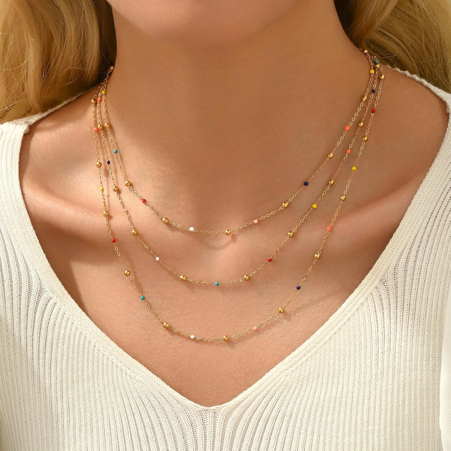 18K Gold Plated Layered Herringbone Necklaces for Women Dainty Layering Beaded Snake Chain Choker Moon Coin Pendant Necklace Trendy Stainless Steel Jewelry